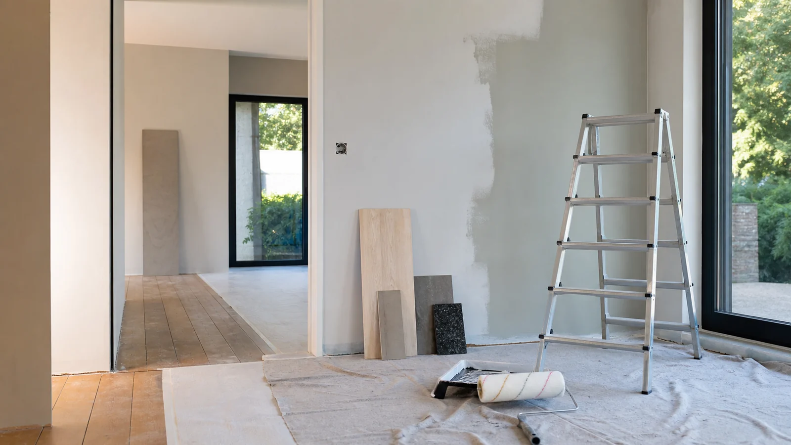 Chantier de rénovation intérieure avec escabeau professionnel