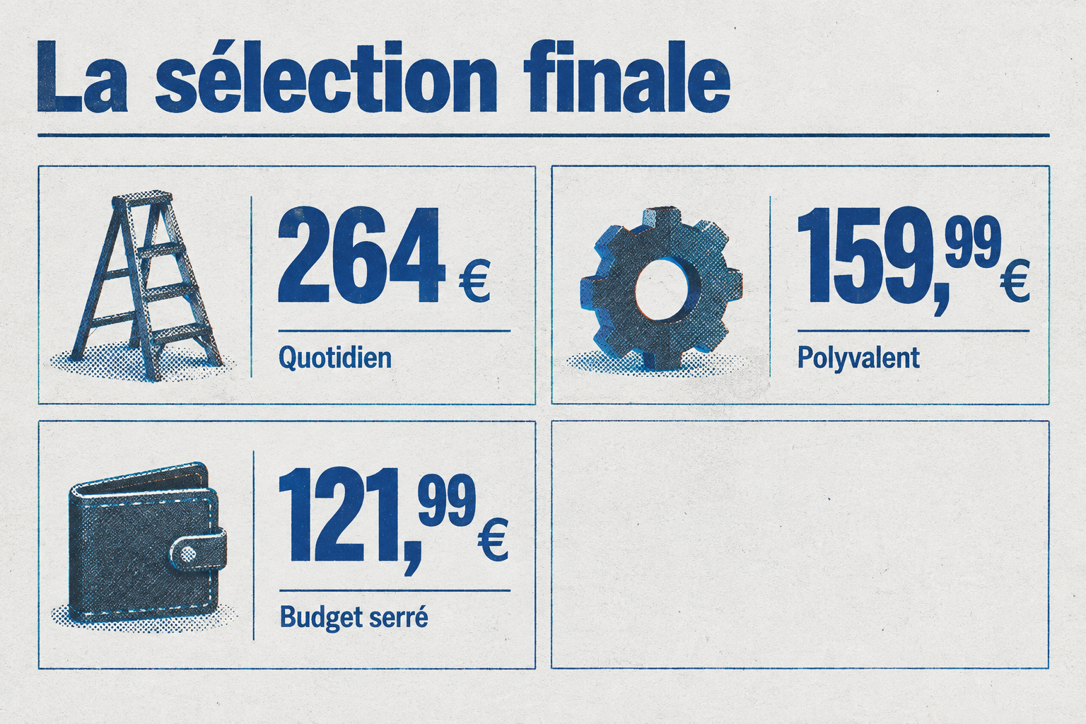 Trois prix selon l'usage : 264 € pour le quotidien, 159,99 € pour le polyvalent, 121,99 € pour un budget serré.