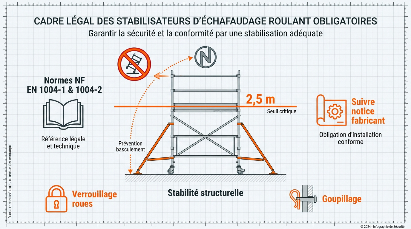 Installation de stabilisateurs sur un échafaudage roulant conforme aux normes NF EN 1004