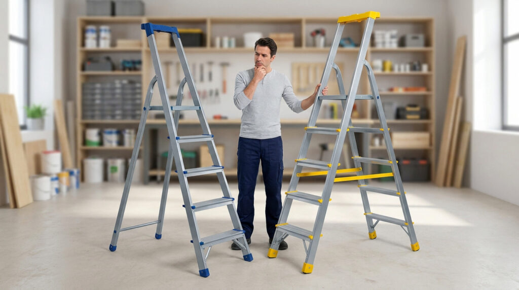 Un homme hésite devant un escabeau simple accès et un escabeau double accès dans un atelier.