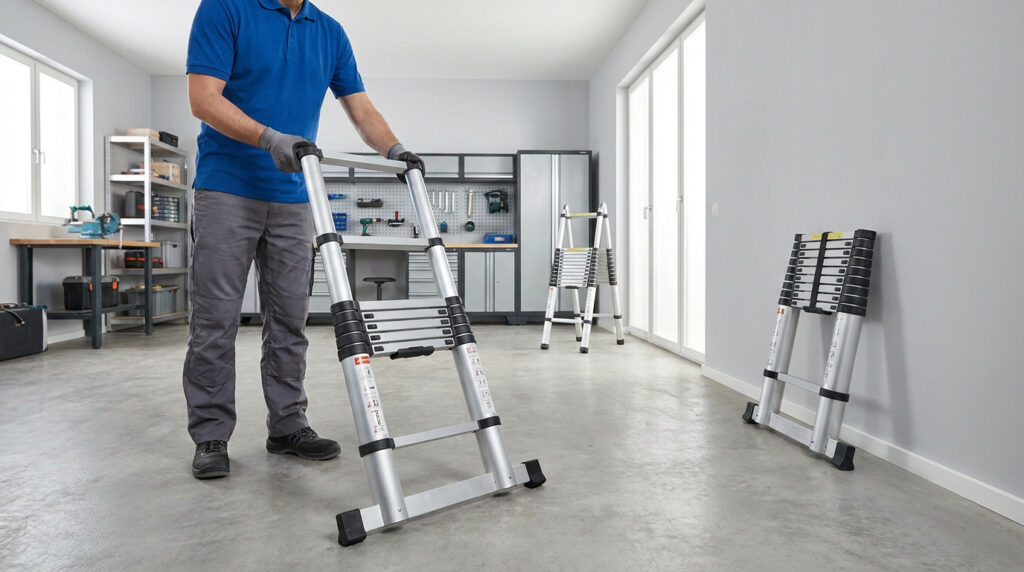 Un homme en tenue de travail manipule une échelle télescopique en aluminium dans un atelier bien rangé.