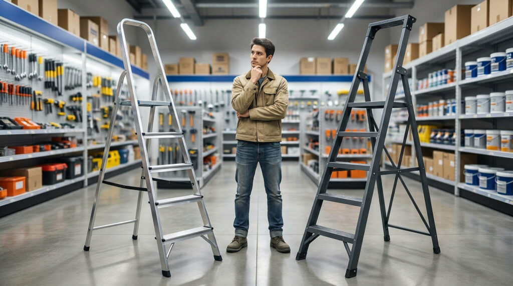 Un homme hésite entre un escabeau en aluminium et un modèle en acier dans une allée de magasin de bricolage.