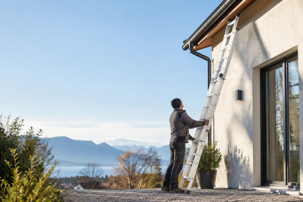 Un homme ajuste une échelle coulissante contre le mur d'une maison avec une vue sur les montagnes en arrière-plan.