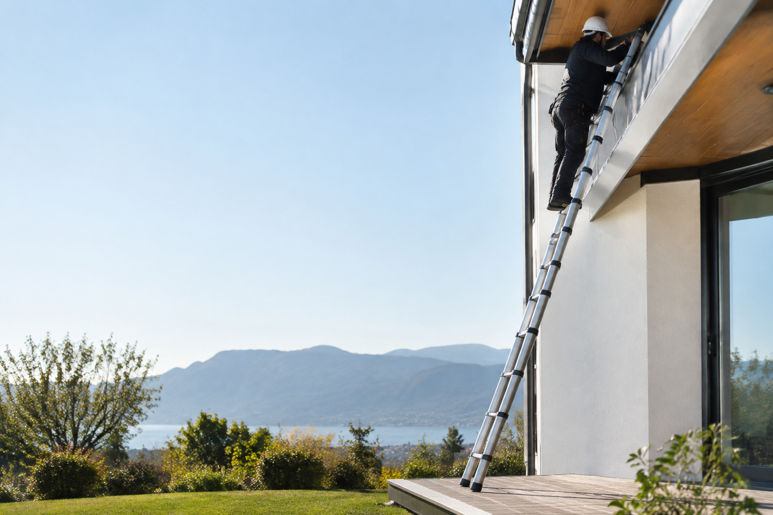 Un professionnel avec un casque de chantier utilise une échelle télescopique pour travailler sur le toit d'une maison moderne.