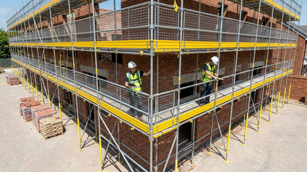 Deux ouvriers en tenue de sécurité sur un échafaudage métallique entourant un bâtiment en briques en construction.