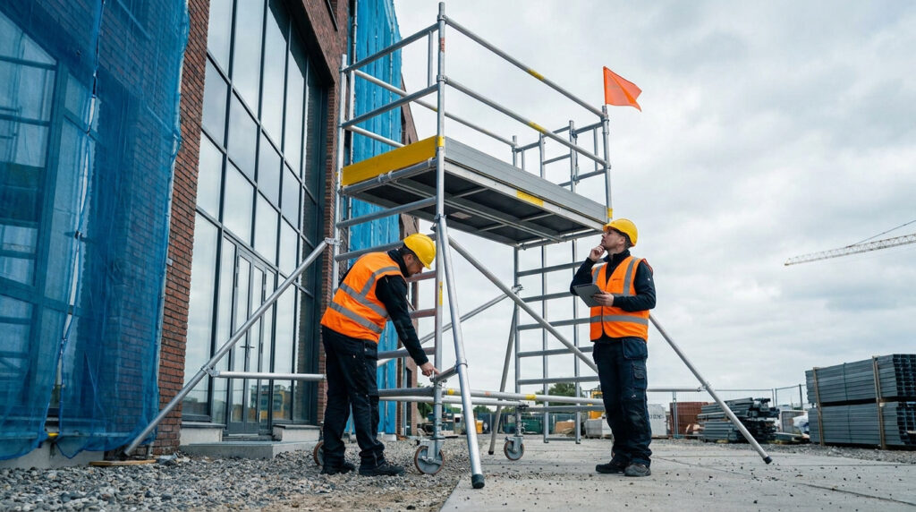 Deux ouvriers en équipement de sécurité inspectent un échafaudage roulant sur un chantier extérieur.