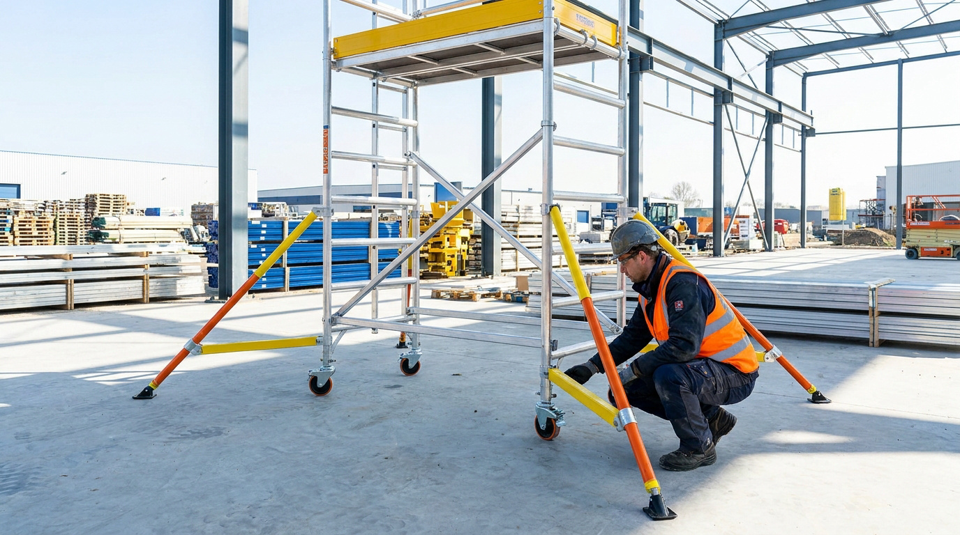 Ouvrier en gilet haute visibilité ajustant un stabilisateur sur un échafaudage roulant en aluminium sur un chantier.
