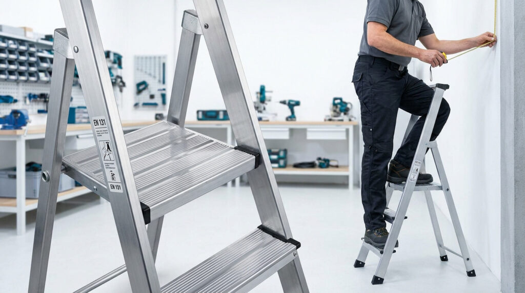 Un professionnel utilise un escabeau en aluminium à marches larges pour prendre des mesures sur un mur dans un atelier.