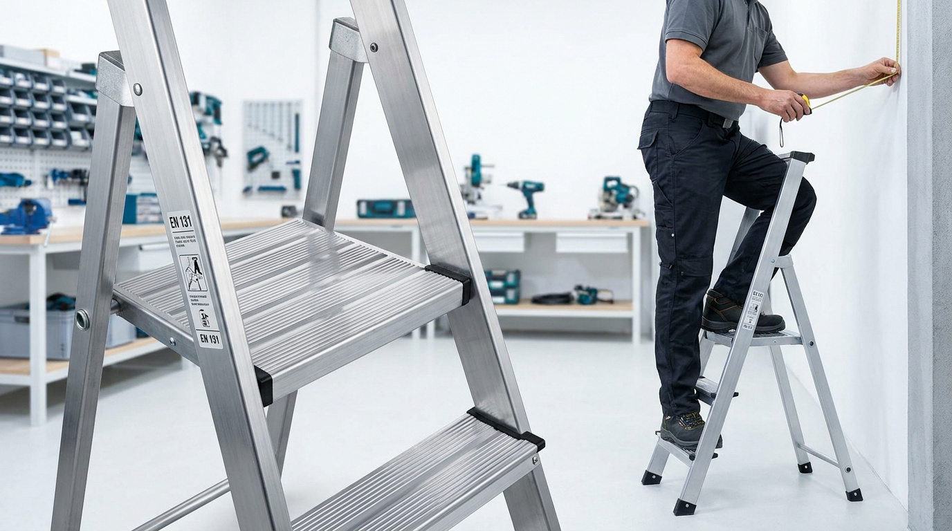 Un professionnel utilise un escabeau en aluminium à marches larges pour prendre des mesures sur un mur dans un atelier.