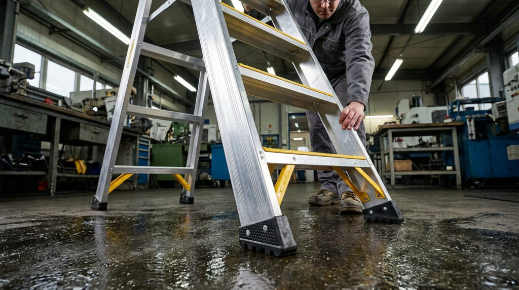 Un ouvrier vérifie la stabilité d'un escabeau en aluminium avec des pieds antidérapants sur un sol d'atelier humide.