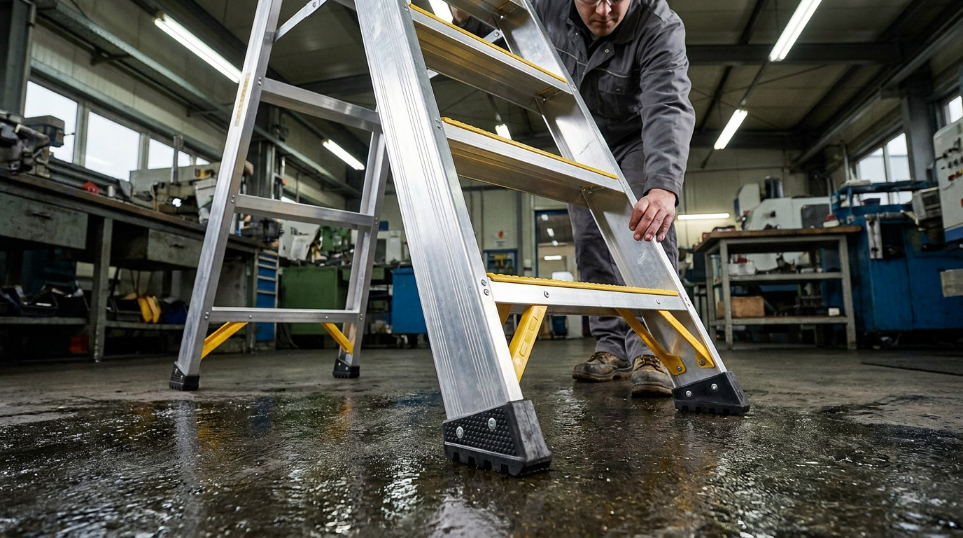 Un ouvrier vérifie la stabilité d'un escabeau en aluminium avec des pieds antidérapants sur un sol d'atelier humide.