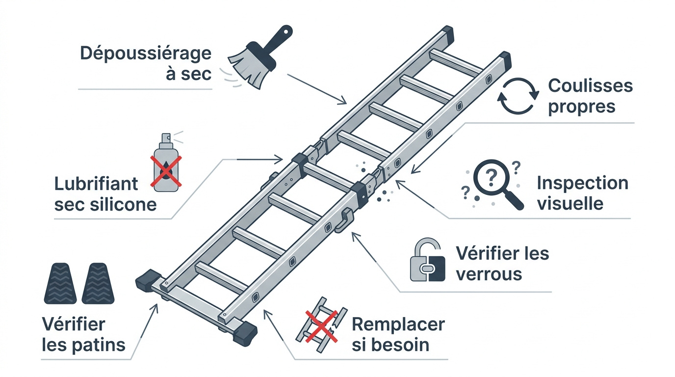 Technicien effectuant le nettoyage des montants d'une échelle télescopique en aluminium