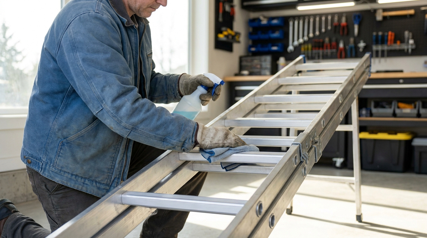 Un homme nettoie les échelons d'une échelle télescopique en aluminium avec un chiffon et un spray dans un atelier.