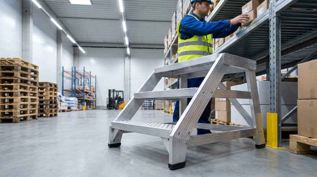 Un employé d'entrepôt utilise un marchepied industriel modulaire en aluminium pour atteindre des colis en hauteur.