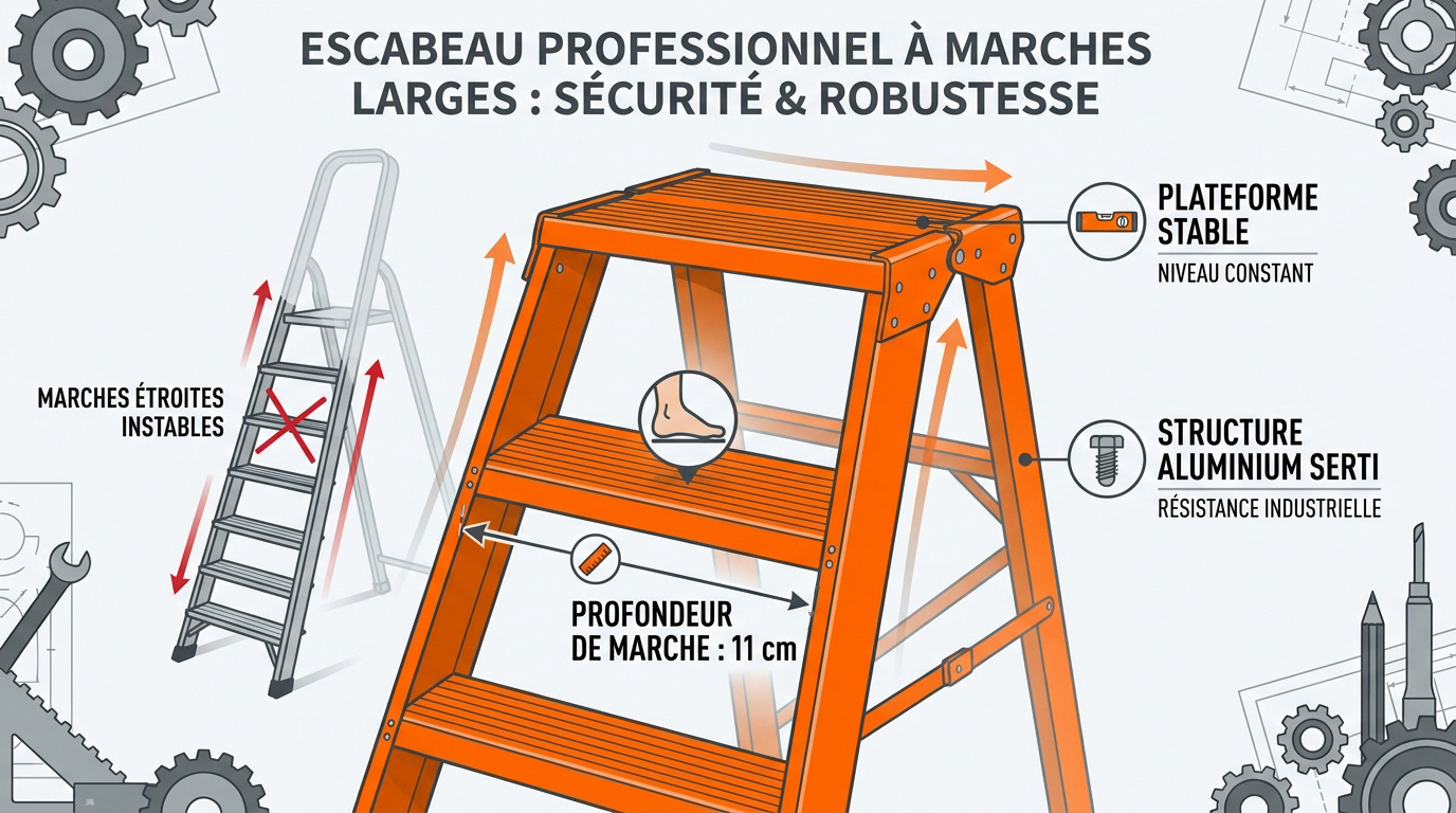Escabeau professionnel en aluminium avec marches larges et plateforme sécurisée
