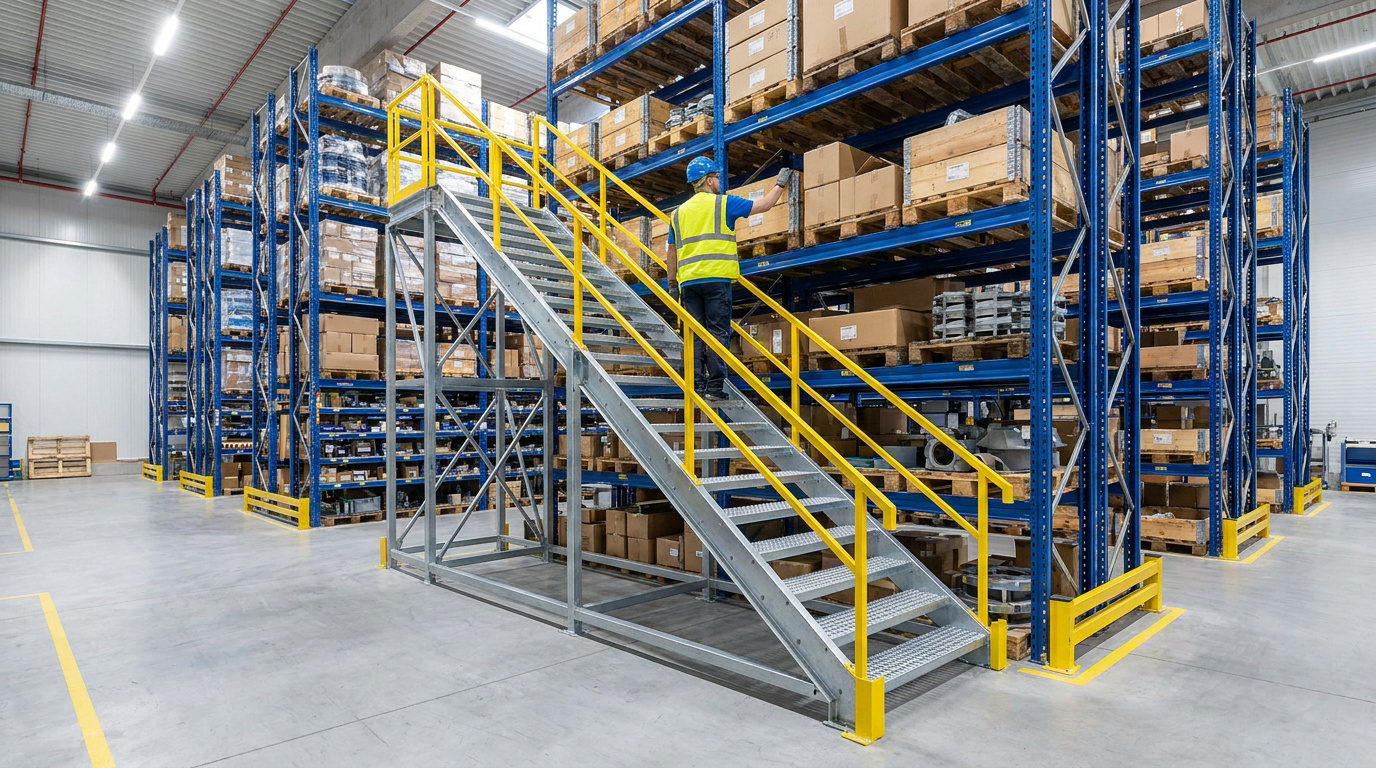 Un employé en EPI monte un escalier métallique jaune et gris entre des rayonnages d'entrepôt remplis de marchandises.