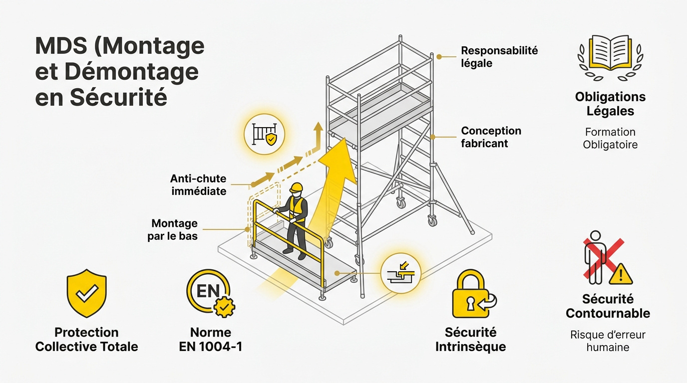 Infographie expliquant les étapes du montage en sécurité MDS pour échafaudage roulant