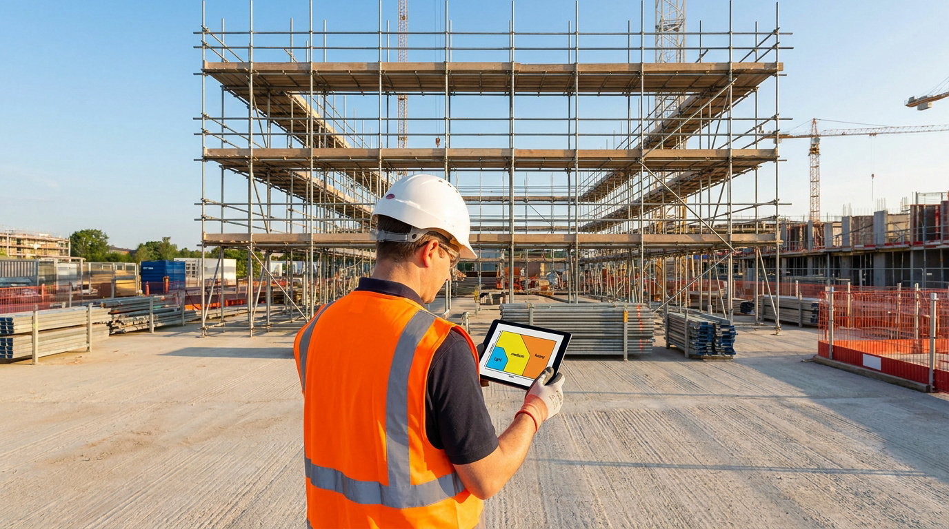 Un ingénieur en gilet de sécurité consulte une tablette devant un échafaudage sur un chantier de construction.