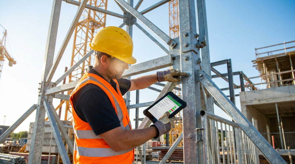 Ouvrier en casque et gilet haute visibilité inspectant un échafaudage métallique à l'aide d'une tablette numérique.