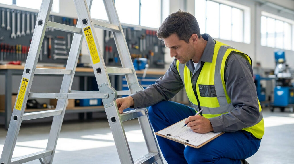 Un technicien en gilet de sécurité inspecte une échelle en aluminium et note les résultats sur un presse-papier.