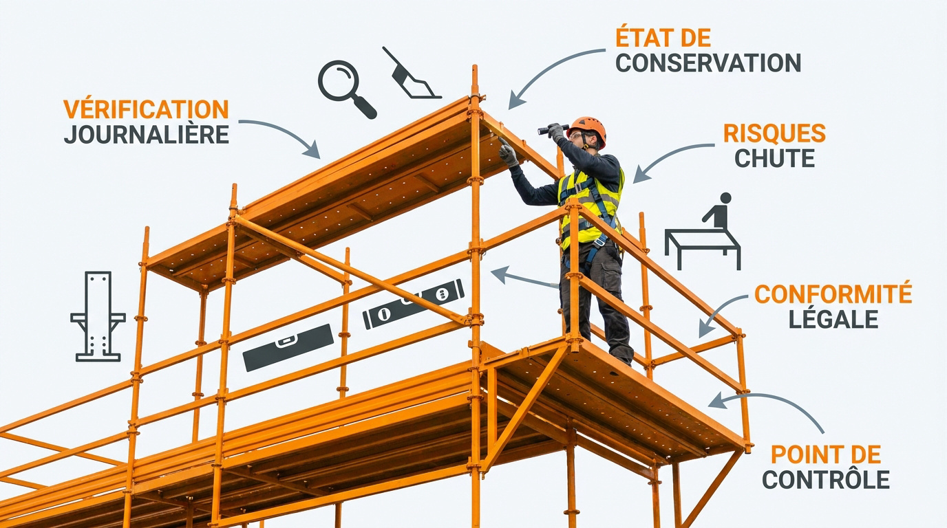 Inspection de sécurité d'un échafaudage par un professionnel sur un chantier