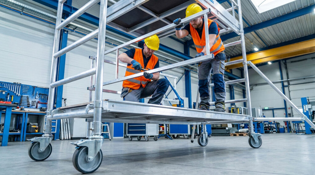 Deux techniciens en équipement de protection individuelle assemblent une structure d'échafaudage roulant en aluminium.