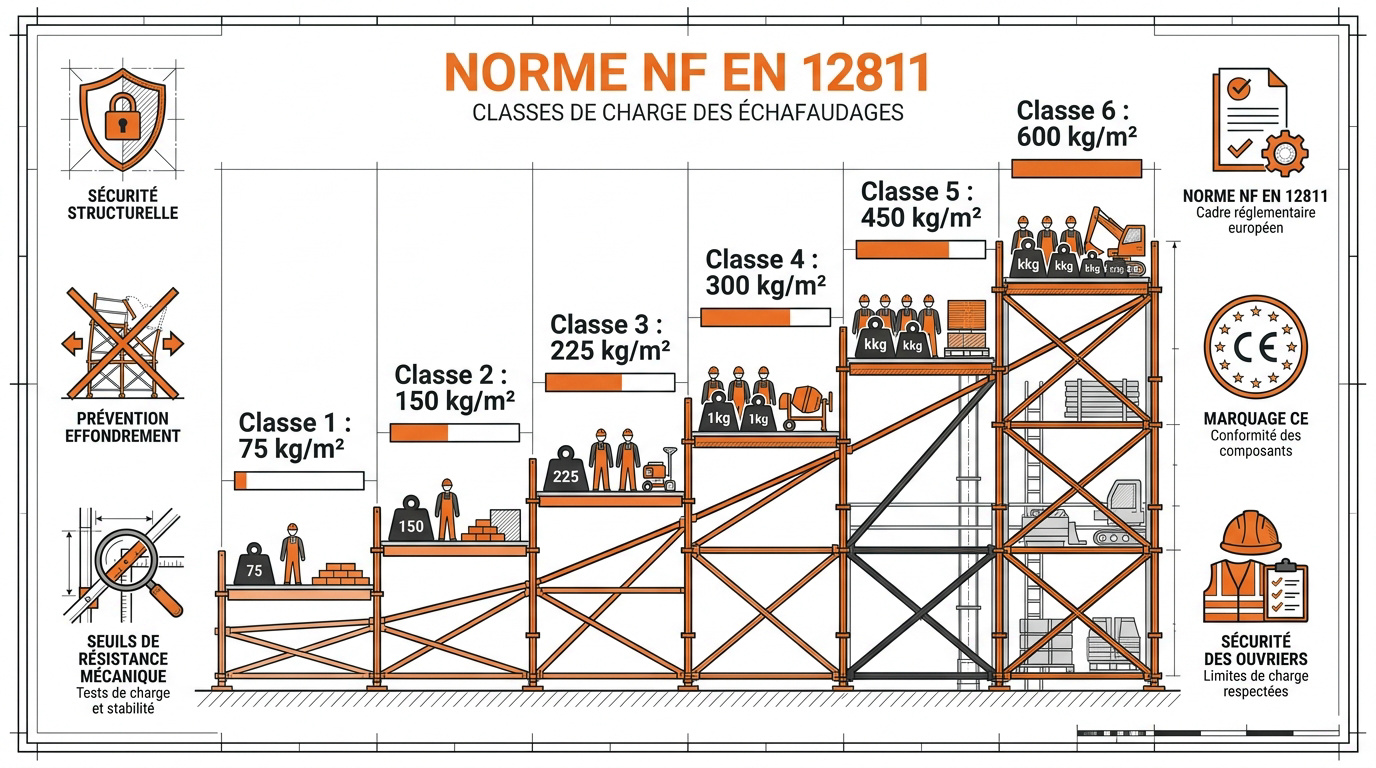 Tableau des classes de charge pour échafaudages selon la norme NF EN 12811
