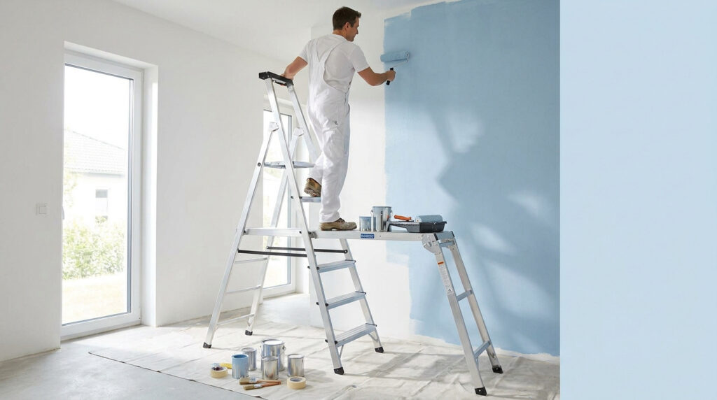 Un peintre en tenue blanche peint un mur en bleu clair, debout sur un escabeau plateforme en aluminium.