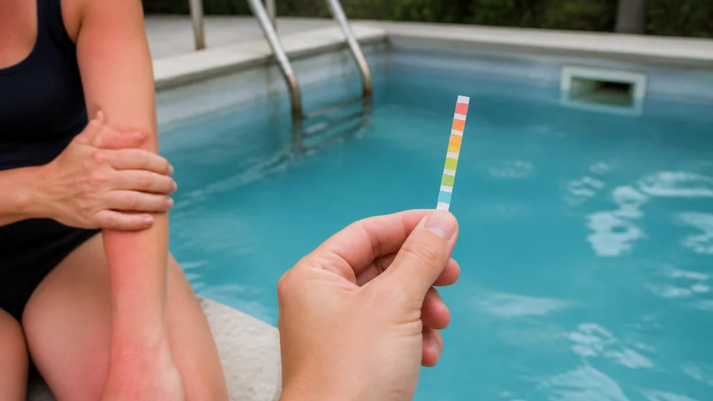 Illustration éditoriale pour l’article « Ph élevé de piscine : impacts sur la santé et le matériel »
