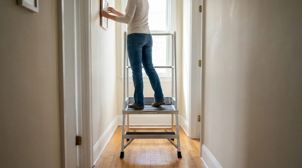 Une personne debout sur une plateforme de travail sécurisée dans un couloir étroit pour accrocher un cadre au mur.