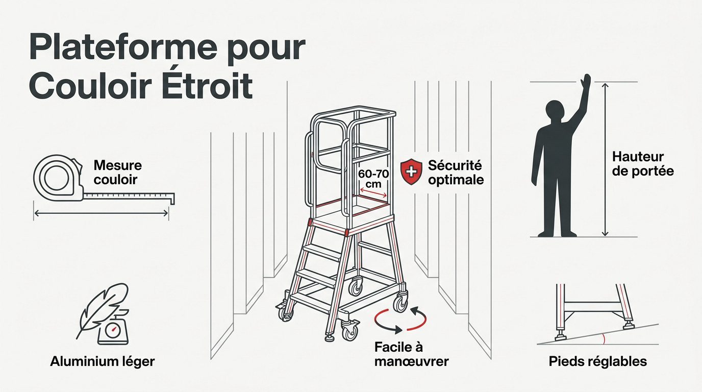 Plateforme de travail compacte en aluminium pour travaux en couloir étroit