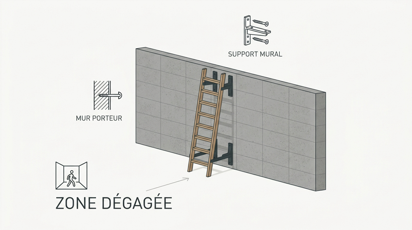 Rangement sécurisé d'une échelle sur un mur porteur dégagé