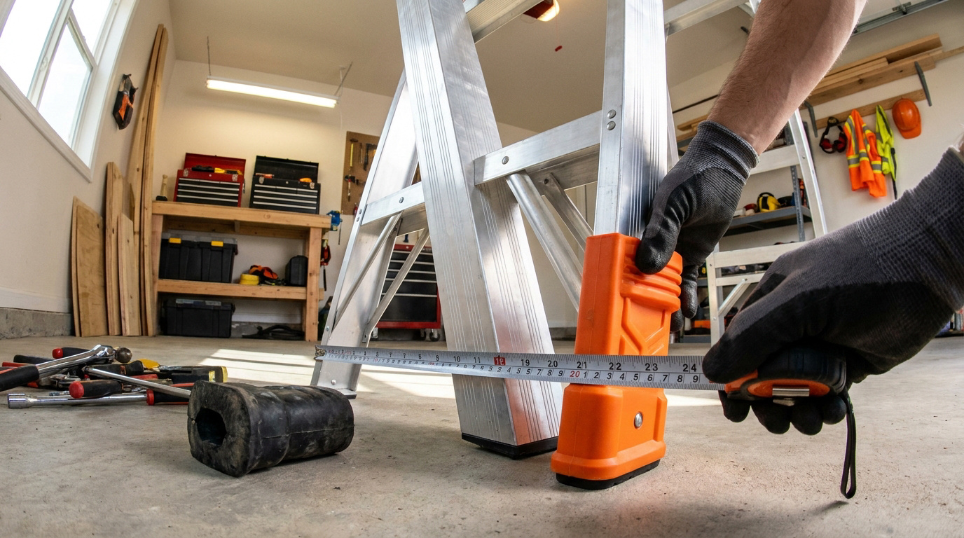 Mains gantées mesurant un patin orange sur le pied d'une échelle en aluminium dans un garage.