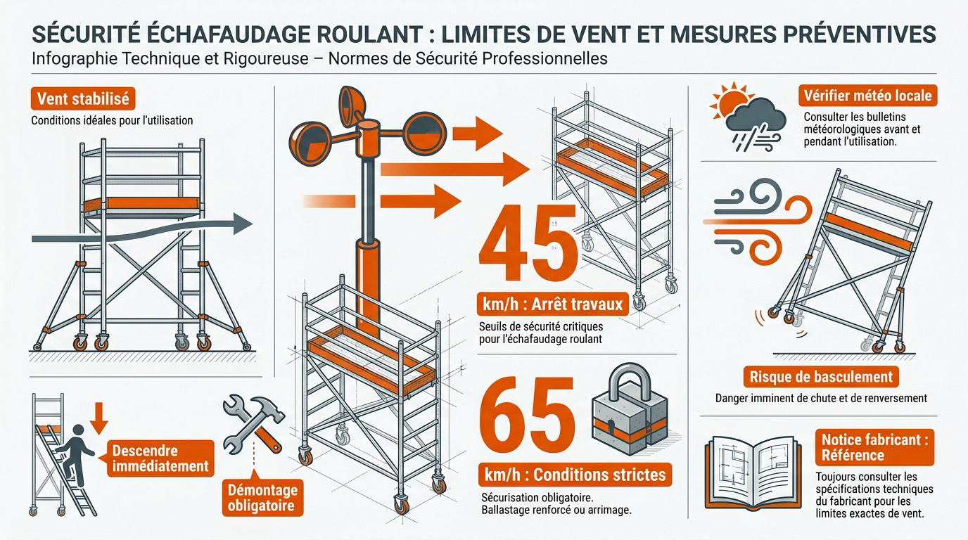 Sécurité et limites de vent pour échafaudage roulant en extérieur