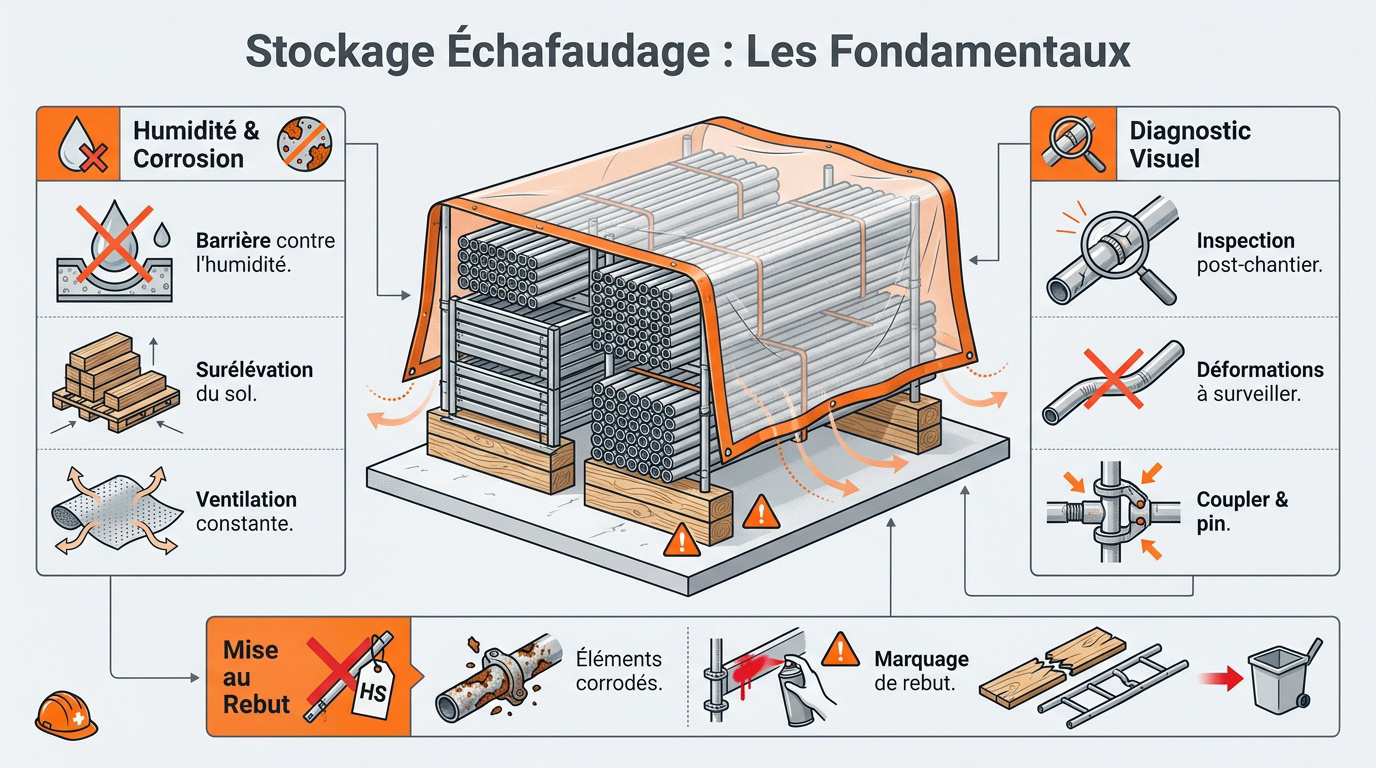 Organisation et stockage de tubes d'échafaudage sur racks métalliques en entrepôt
