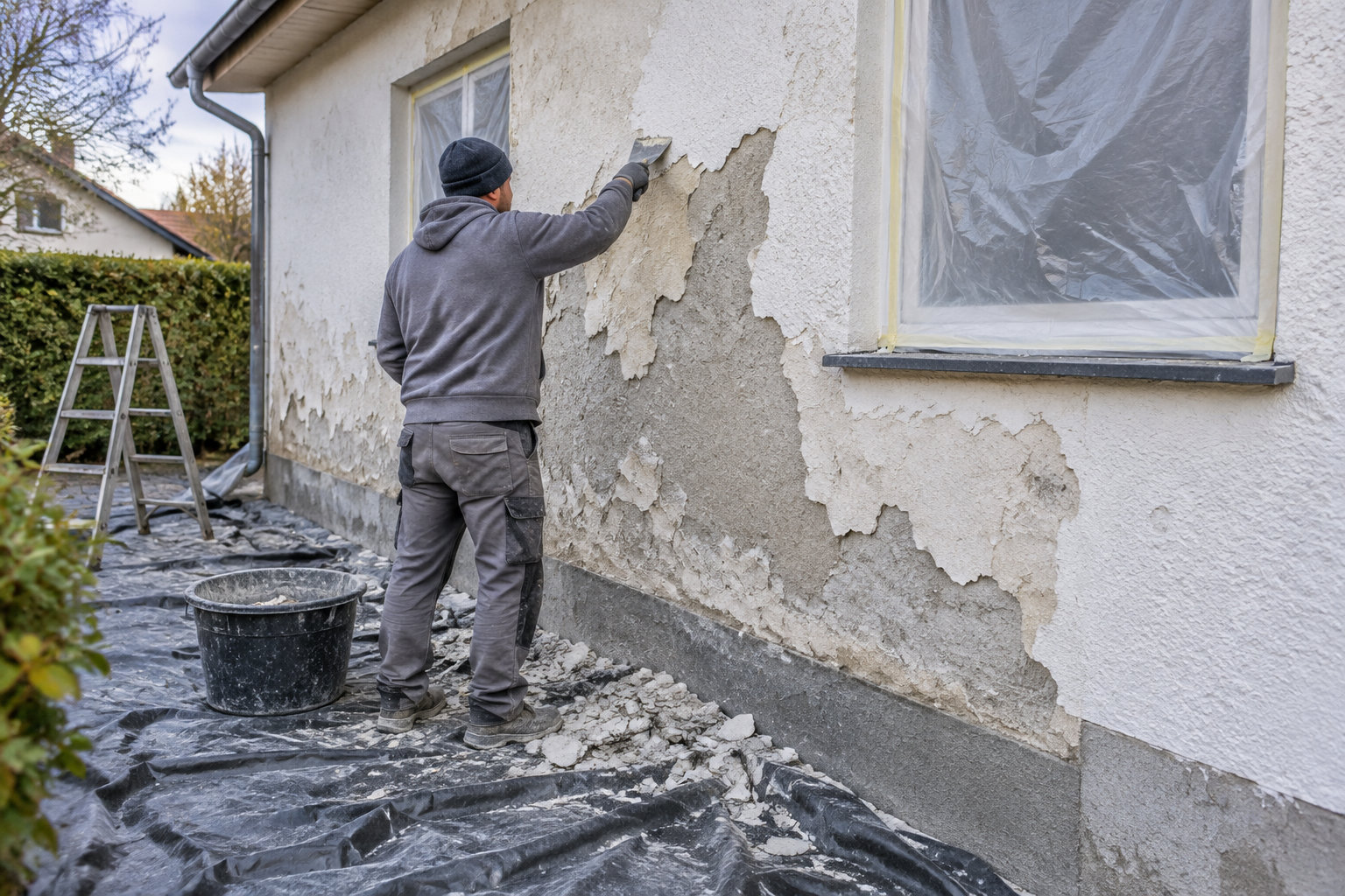 Un ouvrier gratte l’enduit écaillé d’un mur extérieur, devant une fenêtre protégée par une bâche et un sol recouvert d’une toile.