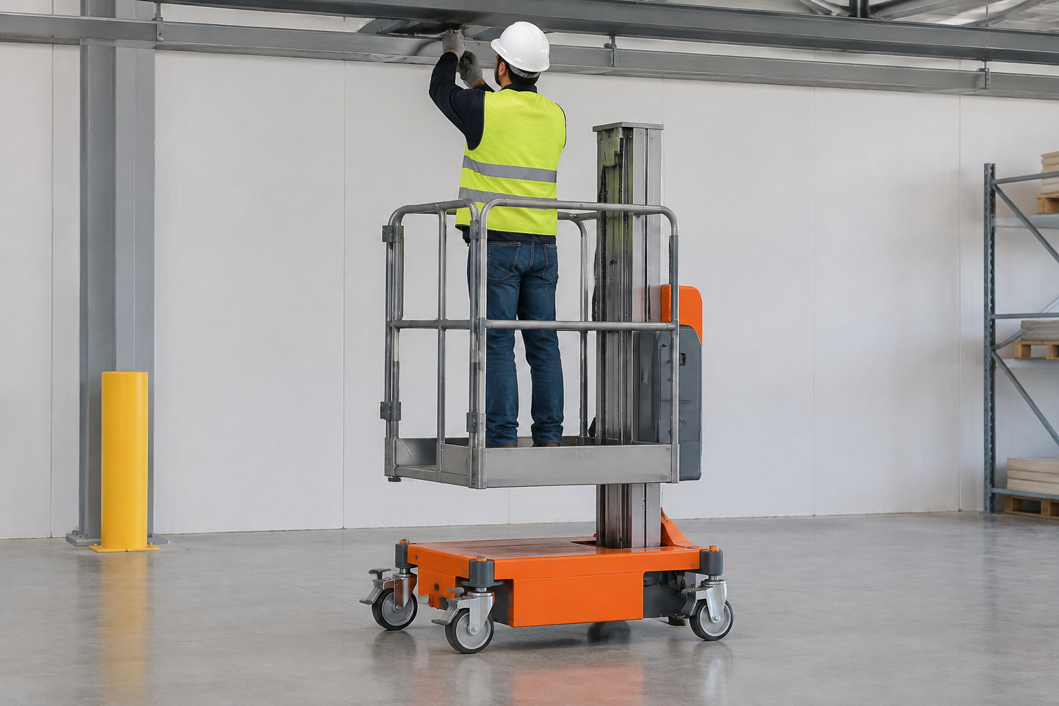 Un ouvrier portant un casque et un gilet fluorescent intervient sur une structure métallique depuis une plateforme élévatrice dans un entrepôt.